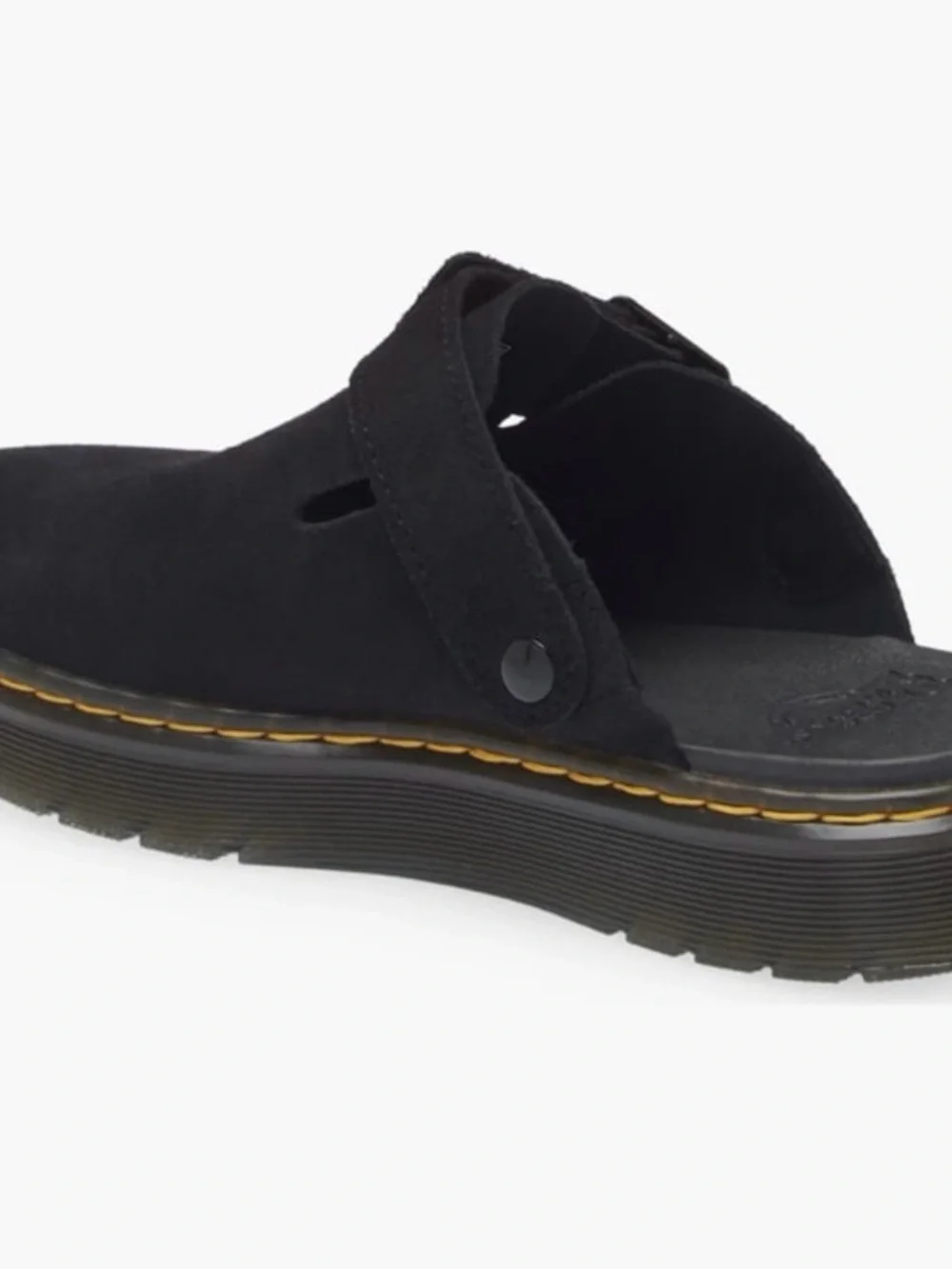 Dr. Martens Carlson slingback mules in black suede, with a chunky buckle